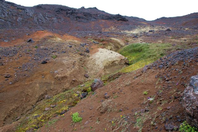 Litskrúðugt berg og jarðfræðiminjar ofan við Klett