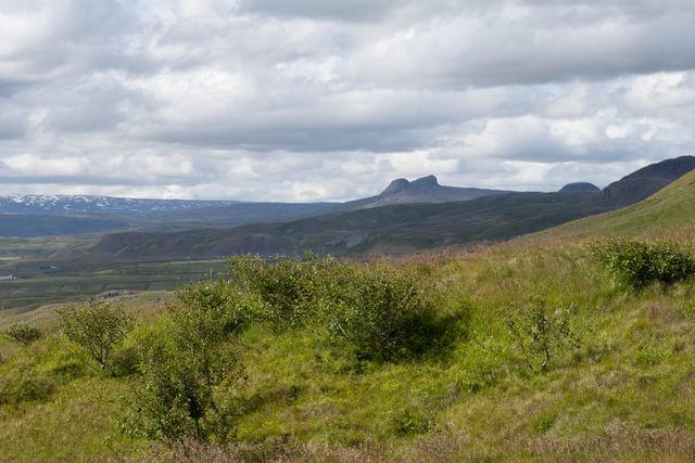 Klettsgil og gróðursælt landslag niður að fjöru